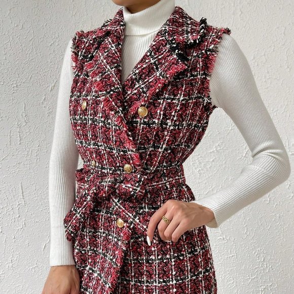Multicolor Preppy Womens Plaid Pattern Raw Trim Belted Tweed Vest Overcoat - Picture 2 of 5